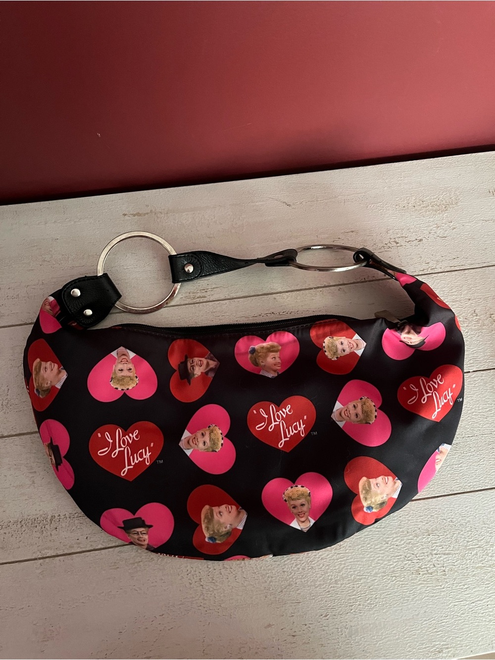 Black 'I Love Lucy' Heart Print Crescent Bag